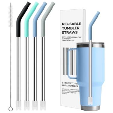 Imagem de Bluwing Canudos de aço inoxidável para copo YETI de 1,2 l, 4 peças de canudos de metal reutilizáveis com ponta de silicone para YETI de 1,2 l, copo Stanley de 850 g (cor 1)