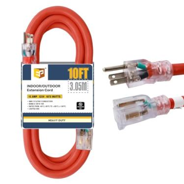 Imagem de EP Cabo de extensão de 3 metros iluminado para ambientes externos – Cabo de extensão laranja resistente SJTW 10/3 com plugue aterrado de 3 pinos para segurança, listado pela UL