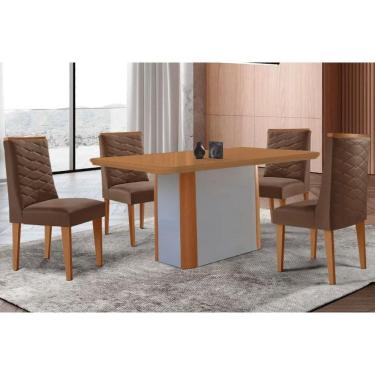 Imagem de Sala Jantar Mesa Pietá Tampo Curvo 120cm+4 Cadeiras Dafne Madeira Naturale/Off White - Capuccino/Suede Marrom - Rufato