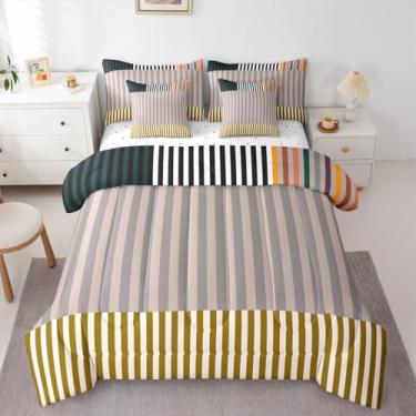 Imagem de Erosebridal Conjunto de cama casal com listras e blocos de cores, geométrico, abstrato, geométrico, moderno, multicolorido, elegante, para adultos, adolescentes e crianças, conjunto de cama xadrez