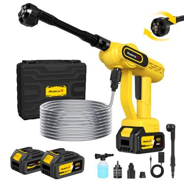 Imagem de RubroX Lava Jato Portatil Sem Fio 6 em 1, Lavadora de Alta Pressao Portatil Recarregavel 30 Bar, 300W, 6 Niveis Ajustaveis, 2 Baterias, Bivolt, para Carro, Moto, Bicicleta e Areas Externas (Amarelo)