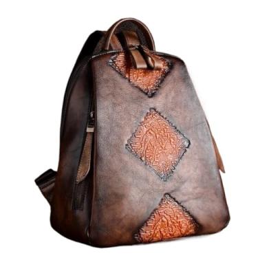 Imagem de Transversal Mochila feminina de couro curtido vegetal – bolsa retrô com vários bolsos e grande capacidade, estilo vintage(Coffee Orange)