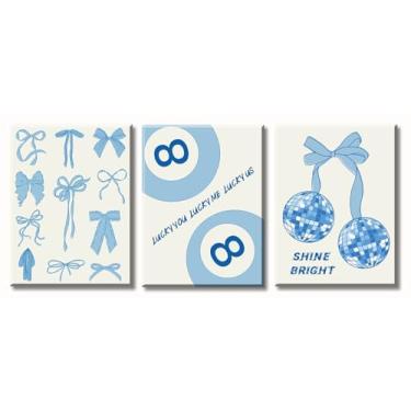 Imagem de DJSYLIFE Blue Trendy Lucky 8 Ball Canvas Printed Bow Wall Art Modren Girls Bedroom Preppy Aesthetic Disco Ball Poster Decoração de Parede para Dormitório Faculdade Decoração de Arte 30.5 cm X 40.6 cm