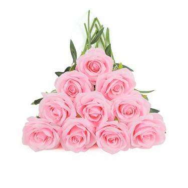 Imagem de DuHouse 10 peças de rosas falsas, flores de seda artificial, flores de rosas falsas, ramo de hastes longas para arranjos de mesa de casamento, decoração de casa e cozinha (Rosa-2)