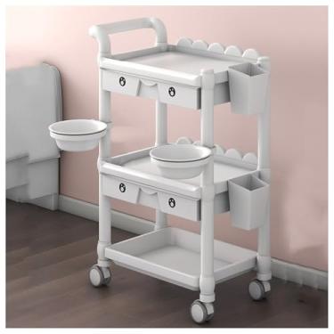 Imagem de Carrinho de beleza de 3 camadas com lata de lixo e bacia de limpeza, grande espaço de armazenamento, gavetas e fácil mobilidade - Carrinho ABS cinza multifuncional para uso em salão e spa