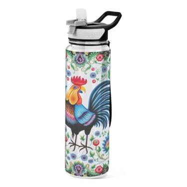 Imagem de Burbuja Garrafa de água floral Rooster de 940 ml com tampa de palha, à prova de vazamento e livre de BPA para academia, esportes ao ar livre