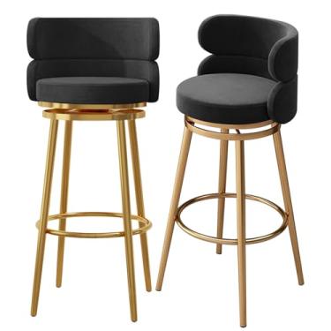 Imagem de Conjunto de 2 bancos de bar estofados, cadeiras giratórias para café da manhã com 65 cm de altura, bancos de cozinha com encosto alto, apoio para os pés de metal preto, preto