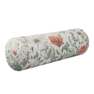 Imagem de Burbuja Almofada de rolo redondo de flores vintage para alívio da dor no pescoço, almofada de viagem cervical de espuma viscoelástica com capa lavável removível para cama, cabeça e pernas traseiras