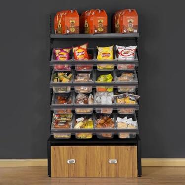 Imagem de Grande prateleira de mercado comercial com 16 caixas de plástico, supermercados loja de varejo batatas fritas expositor com gavetas de armazenamento, suporte organizador de frutas e legumes de cozinha