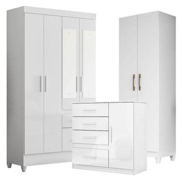 Imagem de Guarda Roupa Com Espelho Infantil Madri Com Cômoda Vênus E Armário Multiuso New íris Branco Brilho – Moval