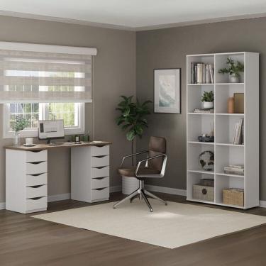 Imagem de Escrivaninha Mesa Escritório 10 Gavetas com Estante 4 Nichos Nogal /Branco
