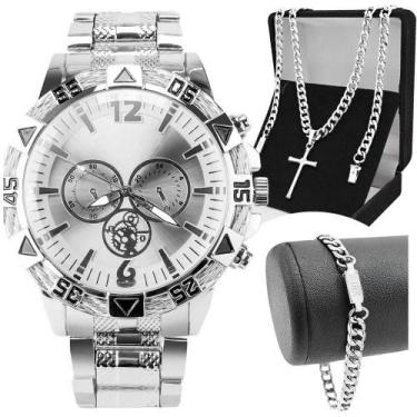 Imagem de Relogio Masculino Aço Prova Dagua + Pulseira + Cordão Cruz Inoxidável 