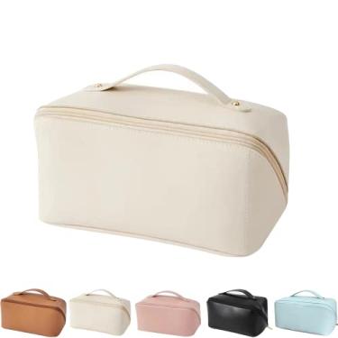 Imagem de Bolsa de cosméticos de viagem de grande capacidade 2022 bolsas de maquiagem de viagem de camada dupla multifuncional à prova d'água portátil bolsa de cosméticos com alça divisor para