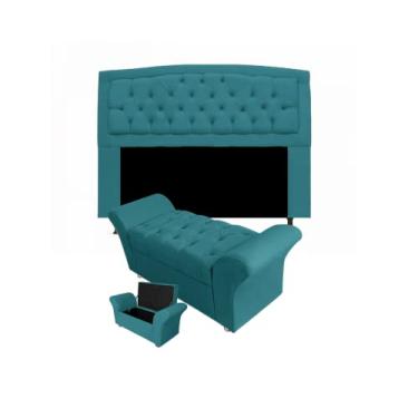 Imagem de Cabeceira Geovana e Calçadeira Veneza Baú Queen 160cm Suede Azul Turquesa - LM DECOR