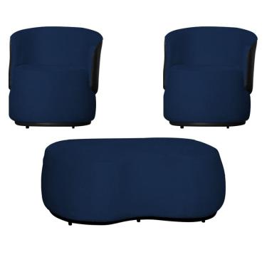 Imagem de Kit 2 Poltronas Decorativas e 1 Puff Grande Estilo Orgânico Beatriz Suede Composê Corino Preto - Estopar