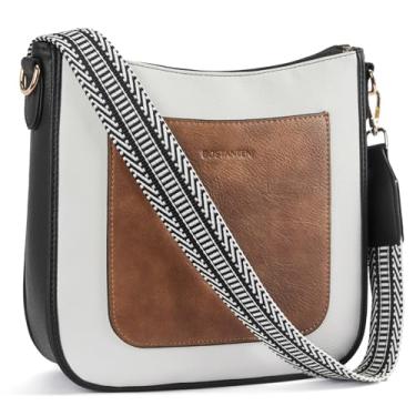 Imagem de BOSTANTEN Bolsas transversais femininas modernas de couro vegano Hobo Bolsa de ombro moderna com alça de guitarra ajustável, A08-preto com marrom com branco, Medium, Bolsas transversais femininas