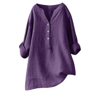 Imagem de Camisa feminina de algodão e linho com botão, gola em V, manga comprida, túnica leve e simples, blusas casuais Afinar Henley Camisa Camiseta feminina com Cor Sólida Pura D27-Roxo 5X-Large