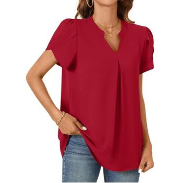 Imagem de Camisetas femininas de chiffon de verão blusas casuais pétala elegante camiseta túnica manga curta gola V tops, Vermelho, G