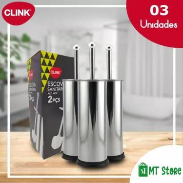 Imagem de Kit 3 Escovas Sanitária Vassoura Vaso Aço Inox Suporte Banheiro - Clin