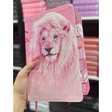 Imagem de Biblia ARC Glitter 100% Leão Rosa bebê com Abas já coladas