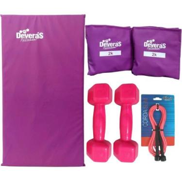 Imagem de Kit: Tornozeleiras 2 kg + Halteres PVC 3 kg + Corda + Colchonete P - D