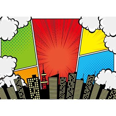 Imagem de BELECO Tecido de 2,7 x 1,8 m de pano de fundo de cidade para sessão de fotos de super-heróis, desenho animado, horizonte, edifícios, arranha-céus, paisagem urbana, para decoração de festa de