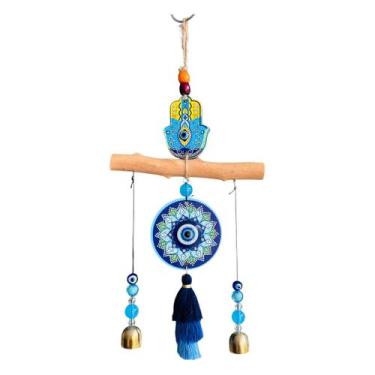 Imagem de Mensageiro Sino Dos Ventos Móbile Olho Grego Mão Hamsá 33cm - Equilíbr