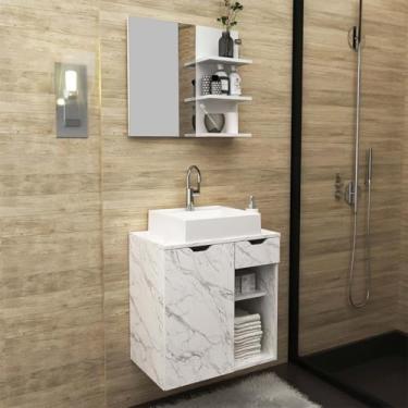 Imagem de Kit Lavabo com Gabinete Suspenso, Cuba e Espelho Mármore Branco Tecno Mobili