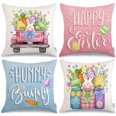 Imagem de GEEORY Capas de almofada Happy Easter Eggs Hunny Bunny 40,6 x 40,6 cm, conjunto de 4, Peeps Mason Jars Truck Spring decorativa fazenda para decoração de casa G688-16