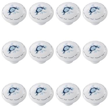 Imagem de Tverghvad Puxadores de gaveta de cerâmica pintados à mão, [pacote com 12] puxadores de cômoda vintage pintados com flores, puxadores e puxadores de armário de cozinha (azul, 12 peças)