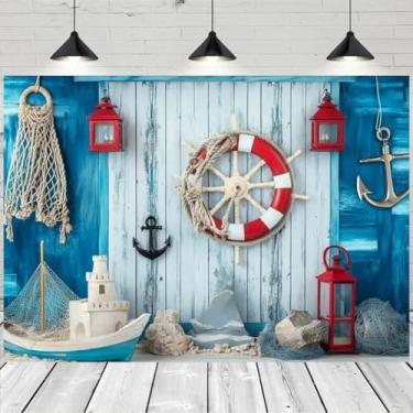 Imagem de Fundo de foto náutico de madeira azul, tema náutico de verão, chá de bebê, decoração de festa de aniversário, barco à vela, leme, rede de pesca, cenário de férias náutico de verão (18 x 1,5 m)