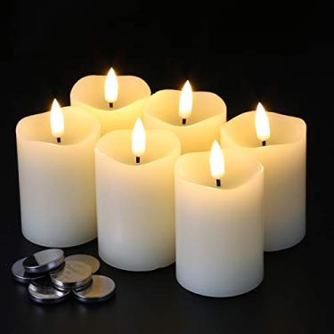 Imagem de Eywamage Velas votivas sem chamas com temporizador, 5 x 7,6 cm, pequenas velas de LED cintilantes, pilhas incluídas, decoração de casa de Natal marfim pacote com 6 com temporizador de 5 horas