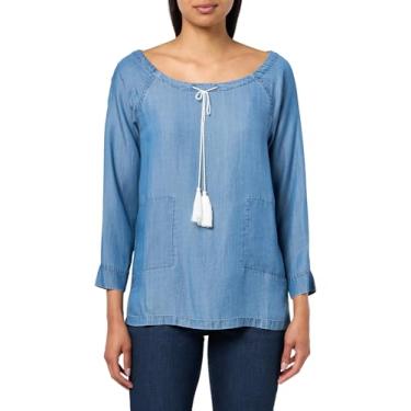 Imagem de Tommy Hilfiger Camisa feminina de cambraia lisa de manga comprida e gola redonda, Índigo claro, P