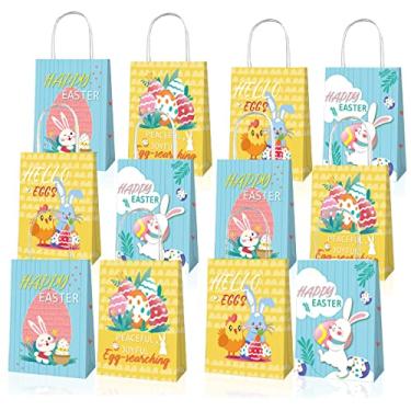 Imagem de Jremreo 12 sacos de presente de Páscoa, sacos de papel kraft com alças, design colorido de coelho para caça aos ovos de Páscoa, lembrancinhas de festa, sacos de guloseimas a granel, embalagem