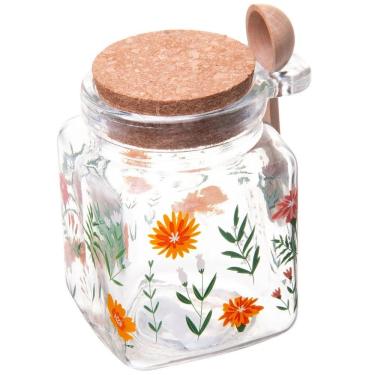 Imagem de Pote Quadrado De Vidro C-tampa E Colher De Bambu Flora 200ml