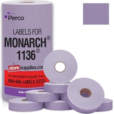 Imagem de Perco Etiquetas de preço de lavanda para Monarch 1136 Price Gun - 1 manga, 8 rolos, 14.000 etiquetas de marcação de preço - com rolo de tinta incluído