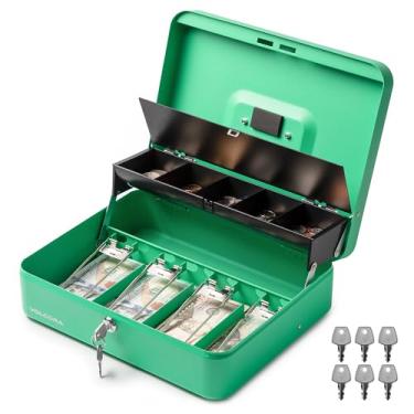 Imagem de Volcora SAFEGrande caixa de dinheiro com fechadura de chave, caixa de dinheiro de metal para dinheiro, cofre de bloqueio portátil com bandeja de dinheiro, organizador durável para economia de dinheiro