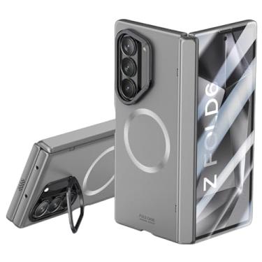 Imagem de Capa para Galaxy Z Fold6, resistente à pele, com película espelhada, suporte, dobradiça dobrável, proteção à prova de choque, capa rígida (para Galaxy Z Fold6/cinza)