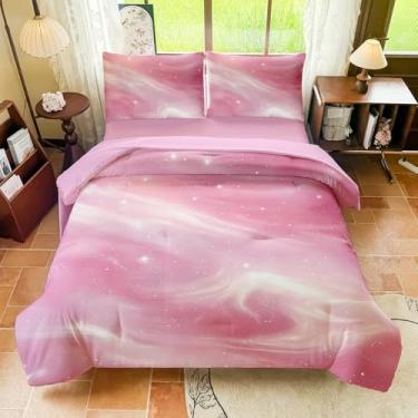 Imagem de Jogo de cama infantil casal com estampa de galáxia, 5 peças, tamanho casal, edredom colorido com glitter para meninas