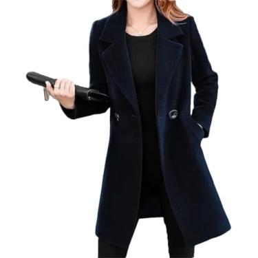 Imagem de Casaco De Lã Feminino Inverno Elegante Gola Entalhada Trespassado Mistura De Lã Sobre Casaco De Ervilha De Cor Sólida, Black, L