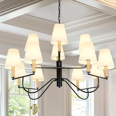 Imagem de Auffel Lustres grandes de 45,67 polegadas para tetos altos lustre de roda de vagão com persianas, lustre de casa de fazenda preto claro e dourado para sala de estar, sala de jantar, hall de entrada