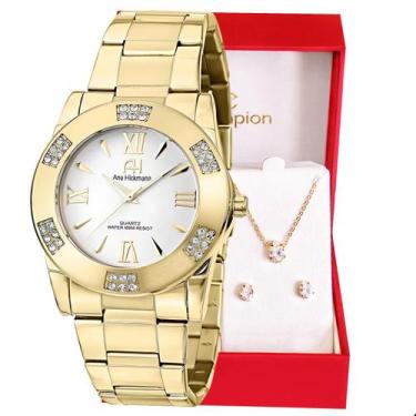 Imagem de Kit Relógio Feminino Champion Ana Hickmann Dourado Analógico Prova D'Á