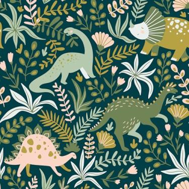 Imagem de LACHEERY Papel de parede floral de dinossauro de 44,5 cm x 698,5 cm, papel de parede infantil infantil, papel de parede de animais da floresta verde, descasque e cole papel de contato removível para