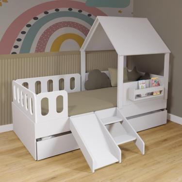 Imagem de Bicama Casinha Com Telhado Kit Escada E Grades Anatômica Branco Megamobilia