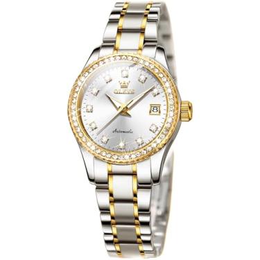Imagem de OLEVS Relógios femininos automáticos com diamante de aço inoxidável com corda automática, relógios de pulso luminosos à prova d'água, L7003: pulseira de dois tons e mostrador branco, Elegante