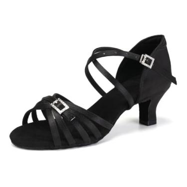 Imagem de JUODVMP Sapatos femininos de dança de salto baixo para mulheres cetim salsa latina sapatos de dança de salão, Salto preto de 5 cm, 35