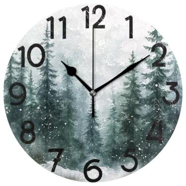 Imagem de Relógio redondo de inverno floresta de neve, números grandes, decoração de ano novo, árvore de Natal, floco de neve, relógios de parede de 25 cm, quartzo operado por bateria, analógico, silencioso