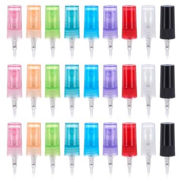 Imagem de WEBEEDY 27 peças, 9 cores, frasco de spray de óleo essencial, bico de bomba de reposição, cabeça de pulverizador de névoa fina de PP com capa transparente para perfume, cosméticos, cuidados com a pele