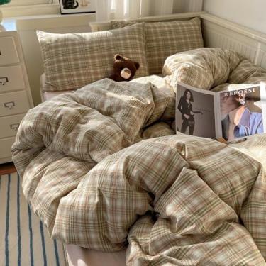 Imagem de mixinni Conjunto de capa de edredom Queen – Conjunto de cama xadrez geométrico vintage de 3 peças de algodão lavado com fecho de zíper, estampa xadrez verde rosa branco macio e respirável para todas