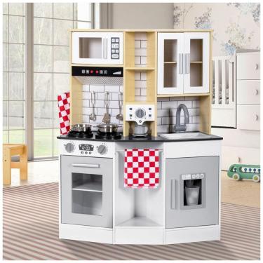 Imagem de Cozinha Infantil em Madeira com Pia, Torneira, Forno, Micro-ondas e Acessórios para Crianças Acima de 3 Anos, Brinjoy